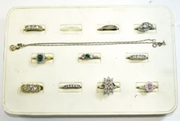 A Good Collection of Stone Set Dress Rings, Mostly Silver + A Silver Pendant Drop and Chain.