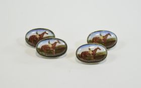 Pair Of Silver Oval Enamelled Cufflinks, Showing Horse And Jockey Scenes. With Chain Fittings.