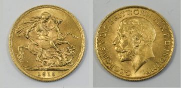 George V High Grade 22ct Gold Full Sovereign. Date 1915, London Mint. E.