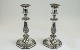 A Fine Pair of Victorian Highly Decorative English / Silver Plated Solid and Heavy Candlesticks. c.