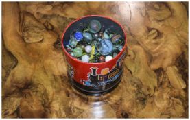 Tin Containing A Collection Of Marbles, Various Colours And Sizes