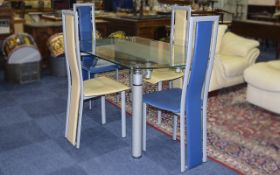 Large Glass Table with 4 Chairs. Rectangular lozenge shaped glass topped table.