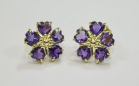 Amethyst Flower Stud Earrings, each flower comprising five heart cut purple amethysts,