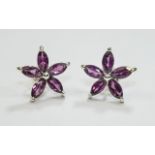 Pair of Rhodolite Garnet Flower Stud Earrings, five marquise cut rhodolite garnets to each flower,