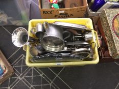 Box of Stainless Steel Silver Plated Ware comprising Danish design trays, Cavalier, Swedish items,