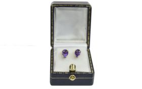 Pair Of Ladies 9ct Gold Pear Shaped Amethyst Stud Earrings