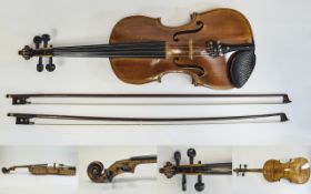 Early 20th Century Violin + Two Bows. Two Piece Back, Back Length 13.7/8 Inches.