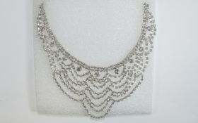 White Crystal Multi Loop Necklace, Edwardian vintage style with increasing rows of small bright,