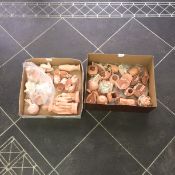 2 Boxes of Early To Mid 19th Century Pink Pottery comprising vases, ornaments, baskets, vases, jugs,