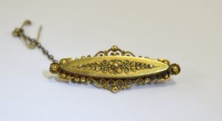 Victorian - Ornate and Shaped 15ct Gold Bar Brooch with Attached 15ct Gold Safety Chain.