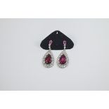 Pair of Faux Ruby and Diamond Drop Earrings, solitaire pear cut Burmese colour faux rubies, framed