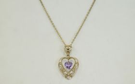 Vintage 9ct Gold Heart Shaped Stone Set Pendant with Attached 9ct Gold Chain. Fully Hallmarked.