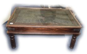 Intricate Carved Glass Topped Coffee Table.