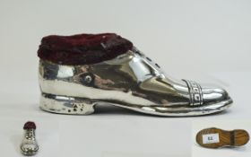 Large Silver Pin Cushion In The Form Of A Shoe With Wooden Sole, Hallmarked Rubbed,