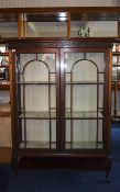 Large Dark Wood Glass Fronted Display Cabinet. Two shelves, glass fronted lockable doors.
