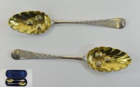 George III Pair of Very Fine Silver Serving Berry Fruit Spoons, In Original Period Case.