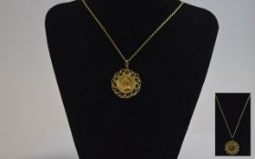 Elizabeth II 22ct Gold Mounted Sovereign Pendant with Attached 9ct Gold Chain. Fully Hallmarked.