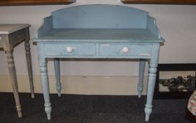 Blue Painted Wood Desk Two drawer desk, turned legs, approx dimensions 38 inches width,