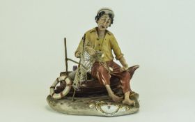 Capodimonte Early and Signed Figure ' Fisherman with Boat and Net ' c.1960's. 10.5 Inches High.