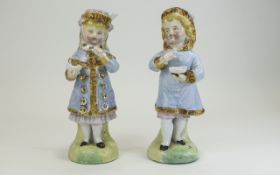 German Late 19th Century Pair of Porcelain Hand Painted Little Girl Figurines. 7.5 & 7.