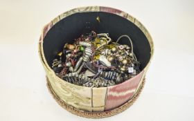 A Hat Box - Containing a Large Quantity of Assorted Vintage and Antique Jewellery - Please See