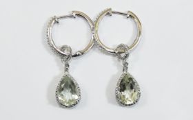 Green Amethyst Hoop and Pendant Earrings, each earring comprising a 2.