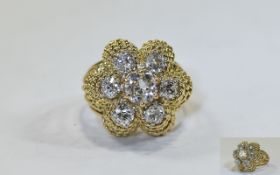 Ladies White Gold Flower Head Diamond Cluster Ring Claw Mount, Set With 7 Old Cut Diamonds,