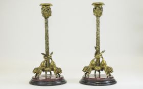 French - Neoclassical Fine Gilt Bronze Pair of 19th Century Candlesticks on Trilobed Figural Lion
