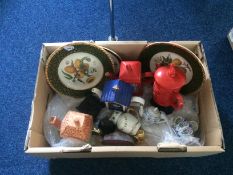 Box Of Assorted Pottery And Ceramics including novelty character tea pots and cabinet plates.
