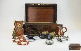 Assorted Collectables within a wooden stationery box.