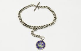 Antique - Solid Silver Albert Chain with Attached T-Bar and Silver and Enamel Medal.