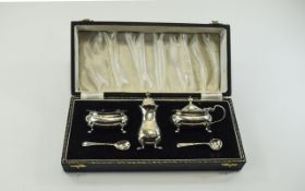 George VI 5 Piece Silver Cruet Set - Boxed. Complete with Blue Liners. Hallmark Birmingham 1950.