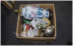 Box Containing A Collection of Assorted Pottery & Glass including Silver Plated Claret Jug,