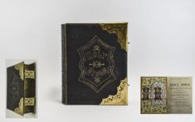 Large Leather Bound and Metal Bible Late Victorian Holy Bible with stamped metal corners and