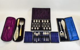 Small Collection of Silver Plated Cased Flatware comprising 2 silver plated fish servers,