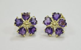Amethyst Flower Stud Earrings, each flower comprising five heart cut purple amethysts,