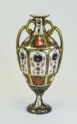 Royal Crown Derby Imari - Pattern Twin Handle Vase. Pattern 1128, Date 1992. Stands 11 Inches High.