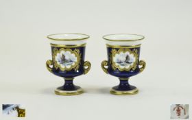 Royal Crown Derby Fine Pair of Signed and Hand Painted Urn Shaped Miniature Vases. Date 1913.