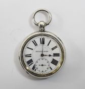 Antique Swiss - Open Faced Silver Pocket Watch with White Porcelain Dial, Black Numerals,