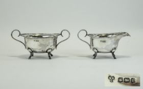 Edwardian Solid Silver Milk Jug and Twin Handle Sugar Bowl with Scroll Handles,