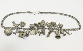 Antique - Full Length Silver Albert Chain - Loaded with Over 23 Silver Vintage Charms,