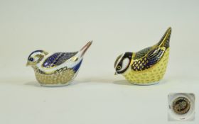 Royal Crown Derby Pair of Paperweights. 1/ Blue Tit, Gold Stopper. Issued 1994, Date 1999.