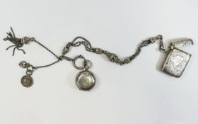 Edwardian Fancy and Ornate White Metal Albertina with Attached Silver Vesta Case and Silver