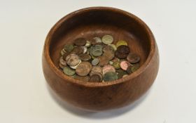 Wooden Bowl Containing A Mixed Lot Of Mostly Low Value Coins, Copper Pennies, Nickel,