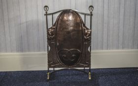 Brass and Copper Fire Screen Arts and Crafts fire screen with planished copper front and sinuous