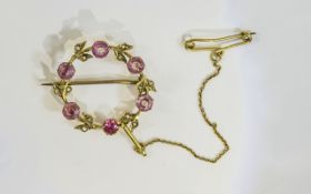 Edwardian 9ct Gold Set Circular Seed Pearl and Pink Tourmaline Pendant / Brooch with Attached 9ct