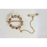 Edwardian 9ct Gold Set Circular Seed Pearl and Pink Tourmaline Pendant / Brooch with Attached 9ct