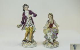 Sitzendorf Hand Painted 19th Century Porcelain Figures ' Male and Female ' In 19th Century Dress,