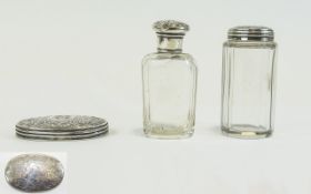 Ladies - Silver Topped Glass Vanity Jars + a Silver Lid For a Glass Jar. Hallmark London 1895.