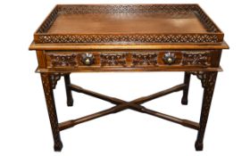 Chinoiserie Style Side Table Fret work gallery top above single long carved drawer.